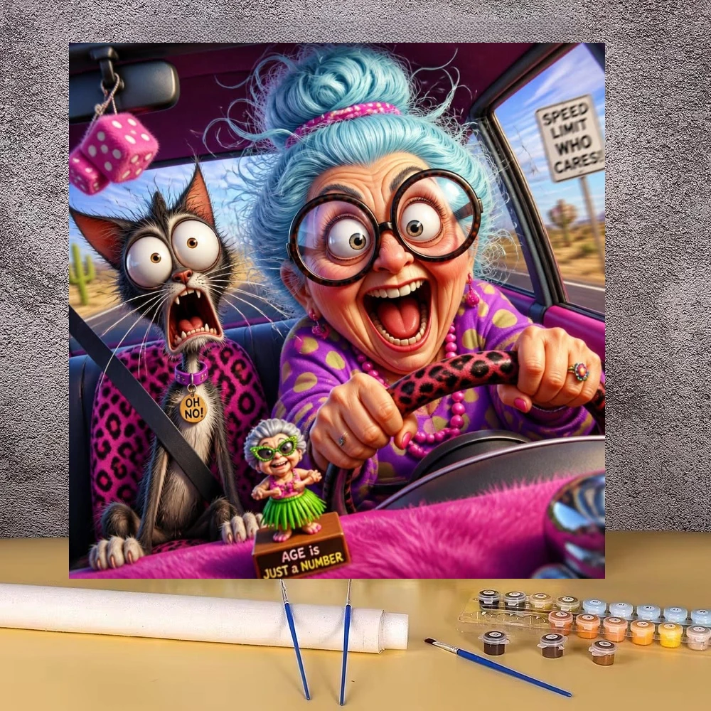 Humorous Elderly Woman with Cat Home Decor Oil Painting By Numbers Canvas Art Wall Decor for Living Room Gift No Frame