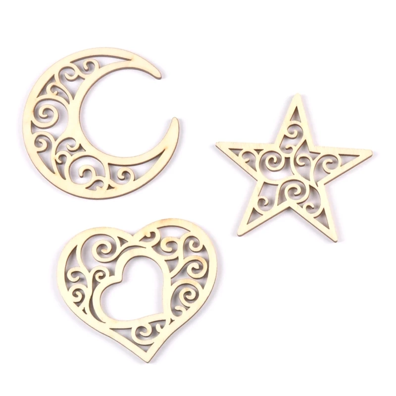 Unfinished Moon Star Heart Hollow Wooden Chips 10 Pcs Unfinished Chip for DIY Eid Ornament Hanging Pendant 45BE