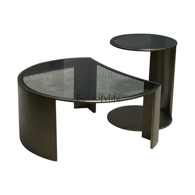

LXItalian light luxury coffee table living room household round tempered glass coffee table combination