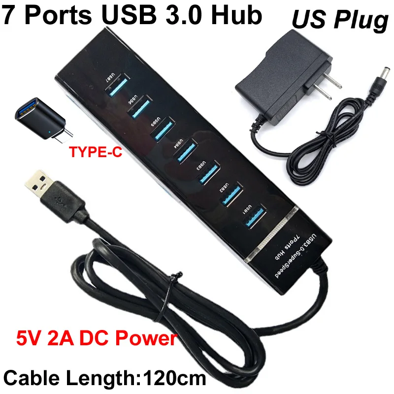 3IN1 120CM 7 Ports USB 3.0 Hub Splitter High Speed Multi Adapter Expander Cable +5V 2A AC DC POWER + USB TO TYPE-C 3.1PLUG