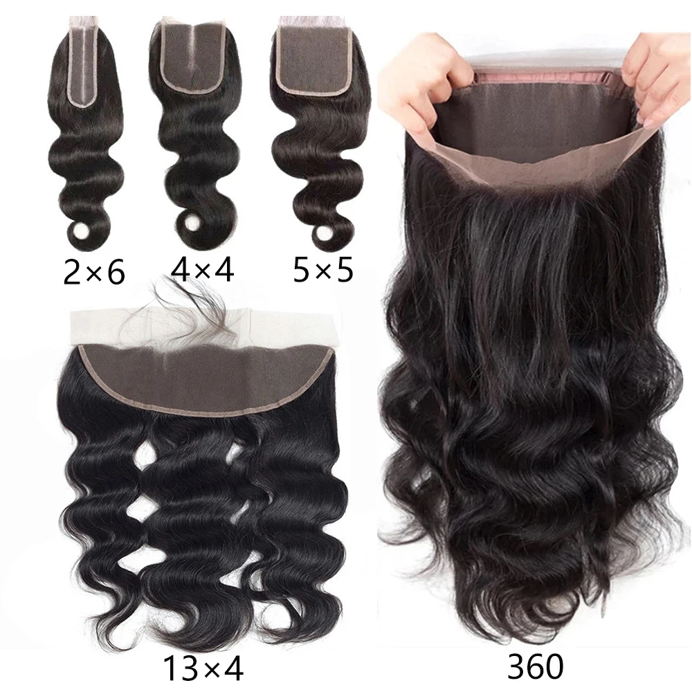 2 × 6 Transparante Kanten Sluiting Body Wave Human Hair 4 × 4 5 × 5 Zwitserse Kanten Sluiting 360 Volledige Kant Frontale Sluiting Natuurlijke Zwarte Kleur