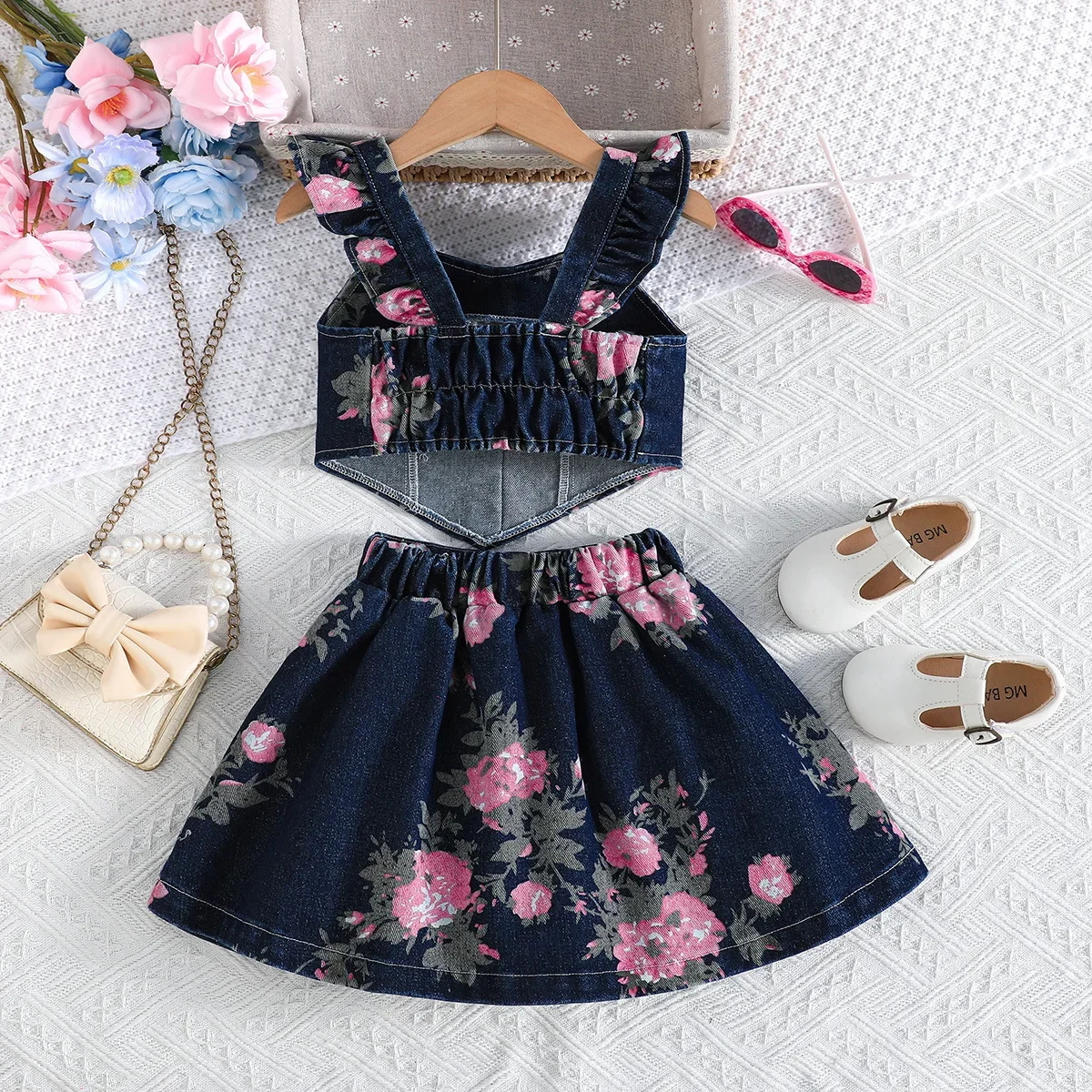 Girls Floral Denim Ruffle Strap Top Pleated Skirt Set Kids Garden Party Spring Outing Outfit Outdoor Camping Countryside ZYD47