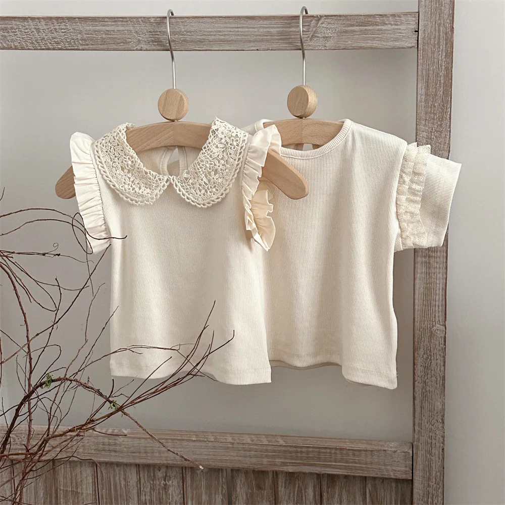 

2026 Summer New Baby Girl Short Sleeve T Shirts Solid Cute Infant Girls Lace Collar Bottoming Tops Cotton Ribbed Toddler Clothes
