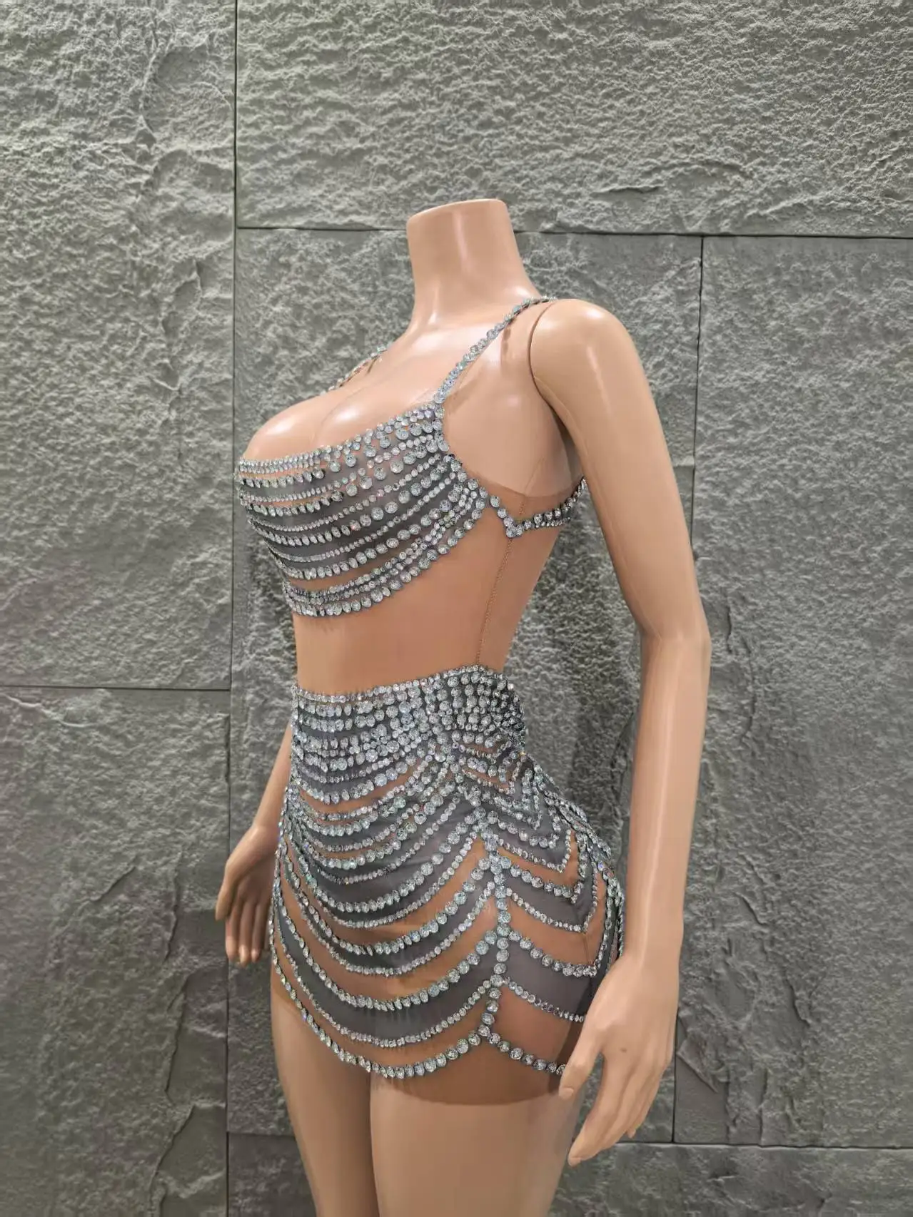 ساطع كريستال المرأة بلا أكمام مثير شبكة انظر من خلال Bodycon فستان قصير احتفال ملهى ليلي حفلة بار المغني المرحلة ارتداء