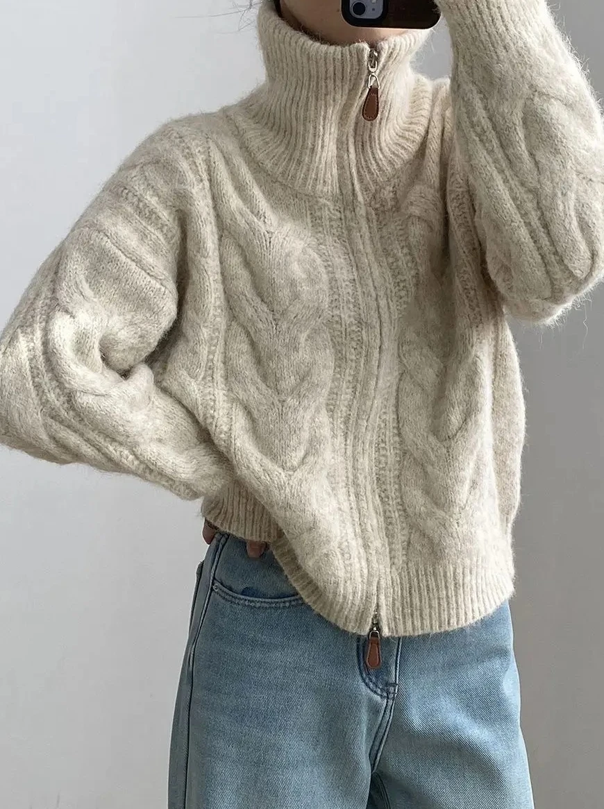 

Новый шикарный кардиган с двойной молнией, женский свободный вязаный свитер в стиле ретро с лацканами, новая повседневная универсальная одежда