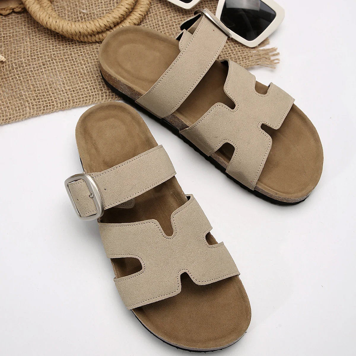 Sommermode Wildleder Hausschuhe mit Fußgewölbeunterstützung Outdoor klassische verstellbare Schnalle Strandrutsche Damen Kork Clogs Sandalen – Detail 20