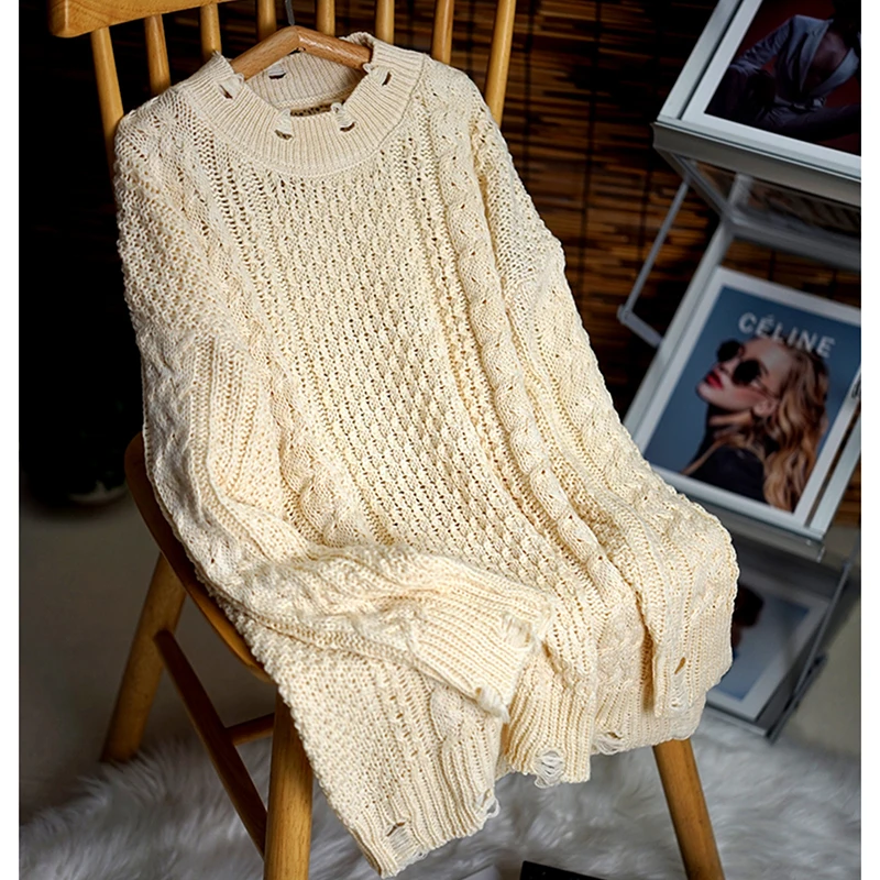 2024 New Autumn Hollow Lazy Style Sweater Loose Hole Long O-Neck Sweater Women's Pullover Sweater Long Sleeve Jumpers Top Female