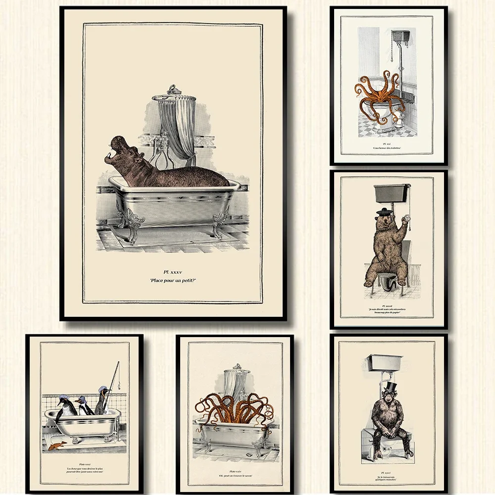 Canvas Painting  De Decoración De Inodoro De Baño Divertido, Póster De Bañera De Animal, Oso, Pulpo, Pingüino, Chimpancé, Ima