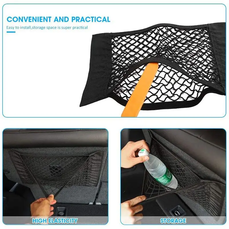 Car Trunk Mesh Organizer Universal Velcro Storage Pocket Vehicle Elastic Storage Bag Automotive Mesh Interior Accessories