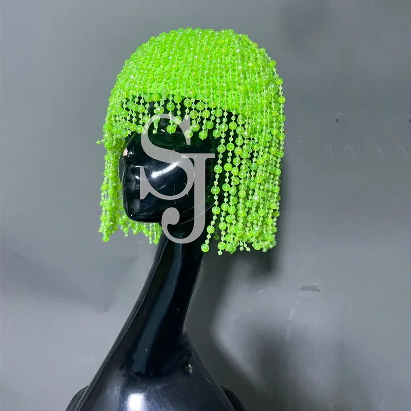 女性グリーン帽子タッセルビーズチェーンウィッグコスプレステージパフォーマンスアクセサリーフェスティバル衣装ドラッグクイーン衣装 XS6230