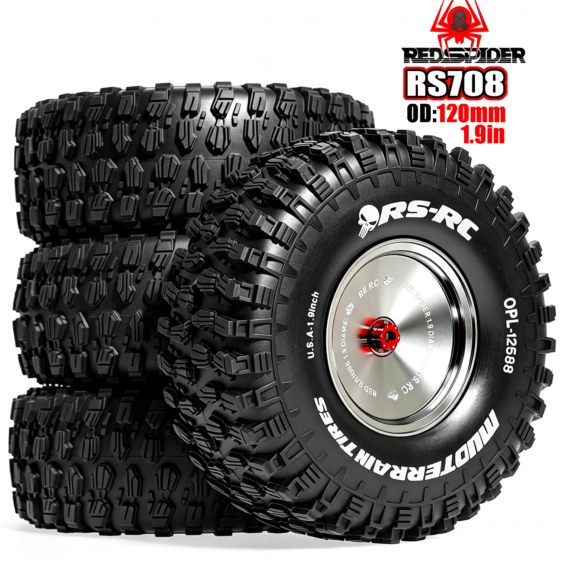 RED SPIDER 4Pcs 1.9 Inch 120mm Rubber Tyre Mud Terrain Metal Beadlock Wheel Rim Set  For 1/10 RC Crawler Buggy FCX10 MST CFX VP