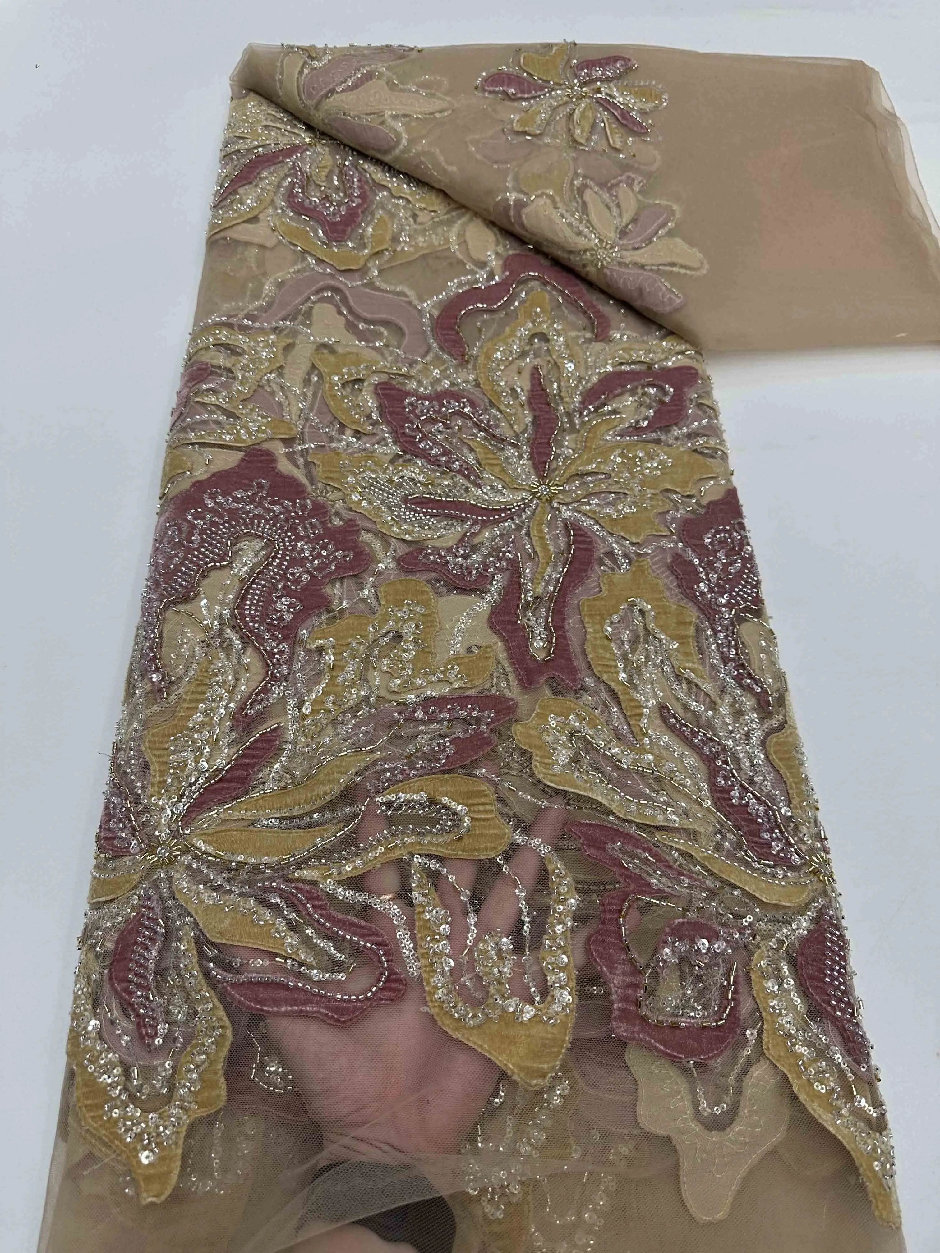 

African Handmade Beaded Sequins Lace Fabric, French Embroidery, Nigerian Wedding, High Quality, Exquisite