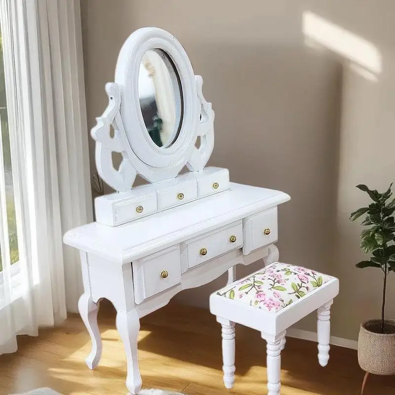 Prachtig poppenhuismeubilair; Mini-kaptafel met spiegel, kruk in schaal 1:12 Fantasiespelspeelgoed