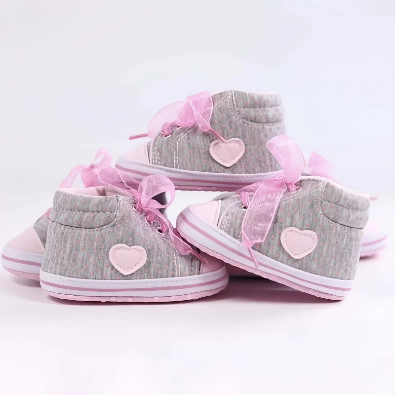 0-18M Best-selling Toddler Girls Canvas Shoes Heart Bow Decor Lace-up Casual Soft Cotton Newborn Infant Walking Shoes