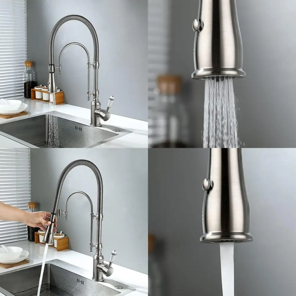 

High Arc Dual-Mode Pull-Down Sprayer Kitchen Sink Faucet with Porcelain Handle in Brushed Nickel, Single Handle Design
