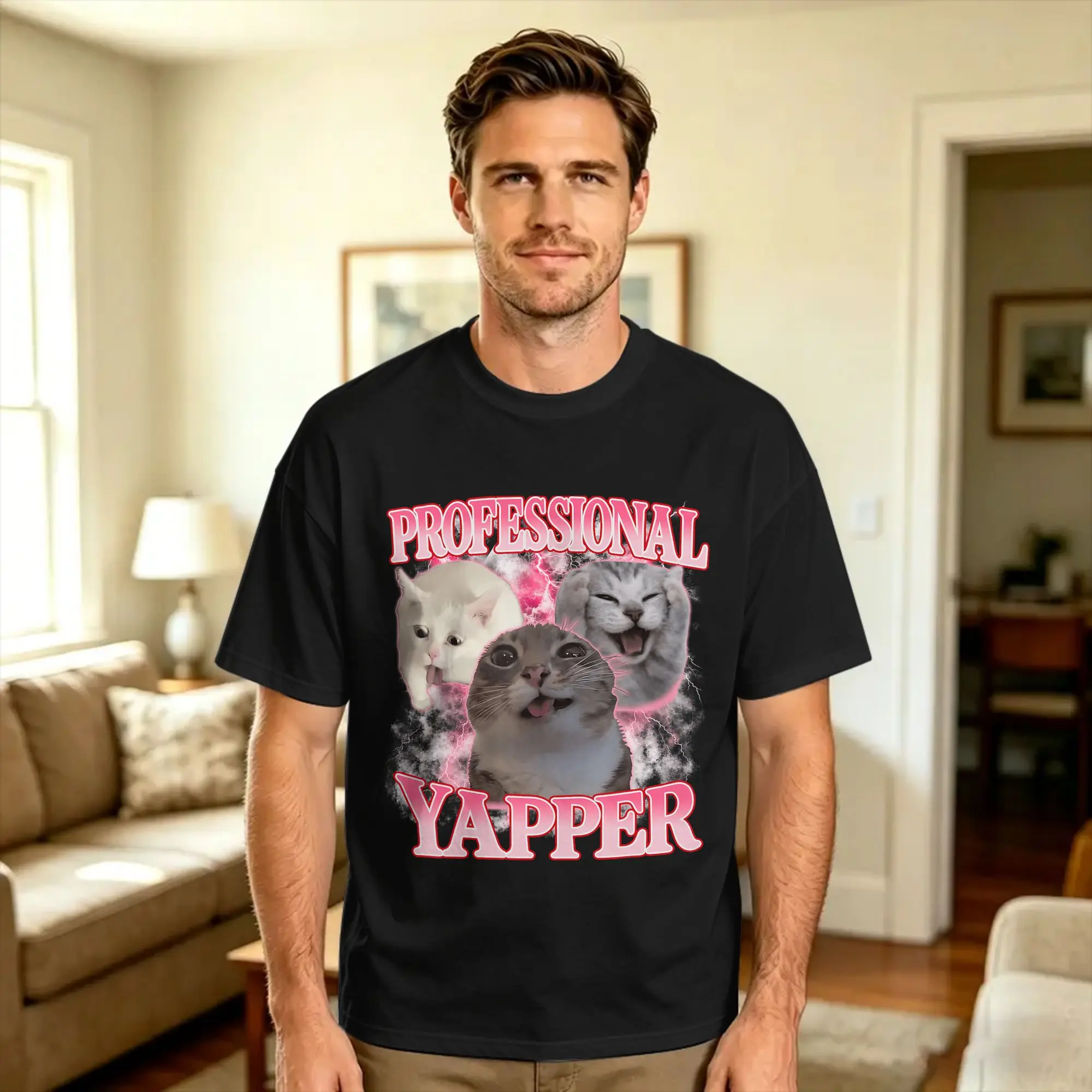 Men Professional Yapper Cat Funny Oddly Specific Dank Cat Meme T-Shirts  Pure Cotton Clothing Summer Basic Short Sleeve T Shirt