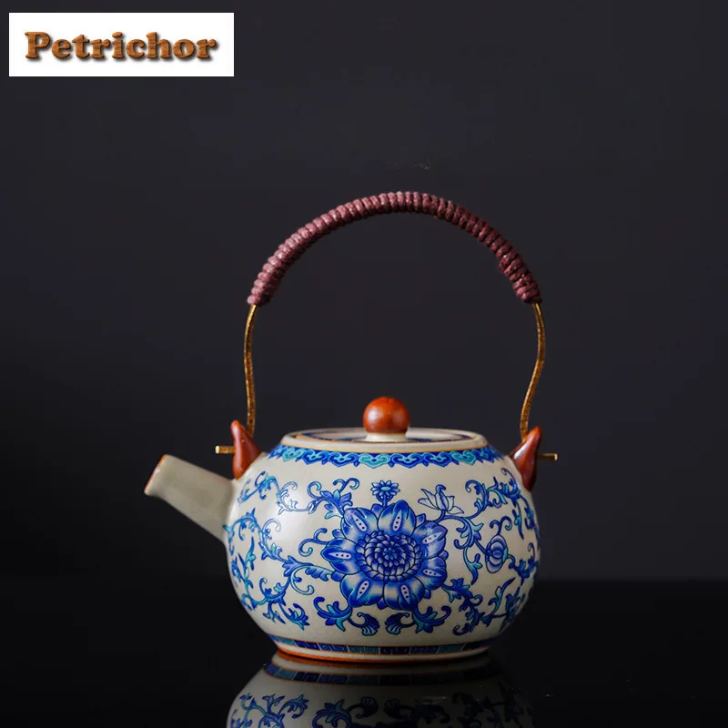 

250 мл Ru Kiln синий и белый чайник с подъемной ручкой, креативный чайник для заварки чая, чайник с ситечком, набор чайной посуды, подарок