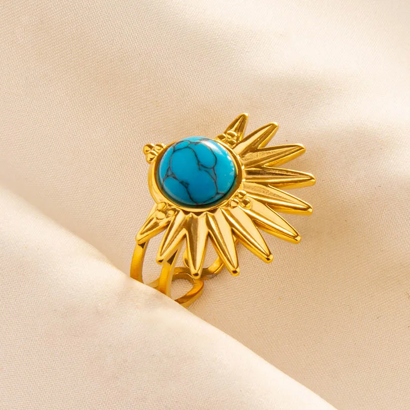 5 Stück verblassen nie Edelstahl Türkis Ringe böhmisch verstellbar tiefblau Edelstein vergoldete Ringe Frauen Vintage Schmuck