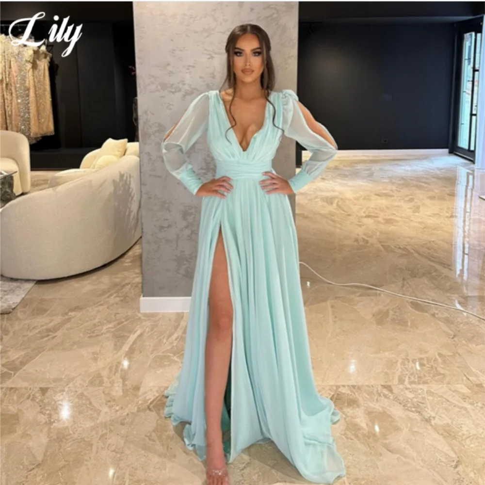 

Lily Elegant Modern Style Prom Dresses Deep V-Neck Backless Prom Gown for Woman Chiffon Side High Split Formal Gown Customized