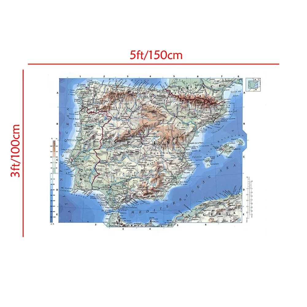 แผนที่ orographic ของจิตรกรรมผ้าใบไม่ทอสเปนศิลปะบนผนังโปสเตอร์และภาพพิมพ์อุปกรณ์การเรียนตกแต่งบ้าน150*100ซม.