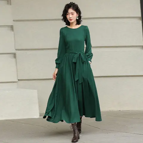 Green Linen Maxi Dress - Casual Country Style A-Line, Versatile Slim-Fit & Flattering