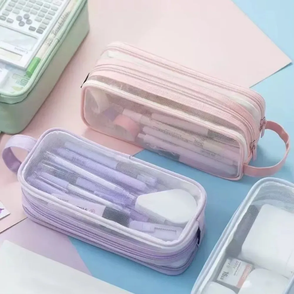 Double Layer Mesh Pencil Case Clear Transparent Exam Special Edition Stationery Storage Box Portable Design Mesh Material