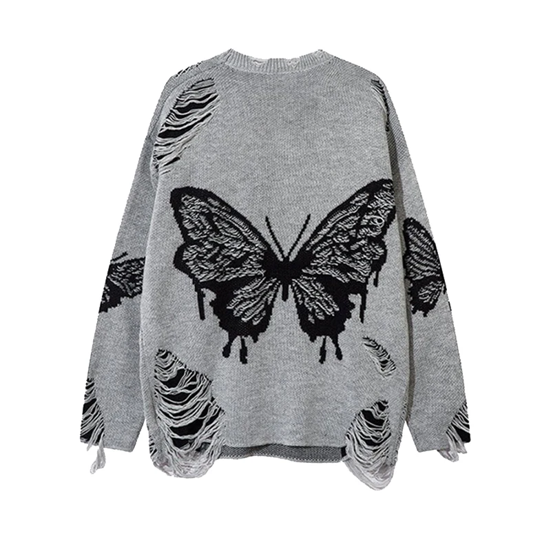 Fashion trend butterfly printed sweater for men and women with lazy design sense, niche hook and flower round neck knitted sweat