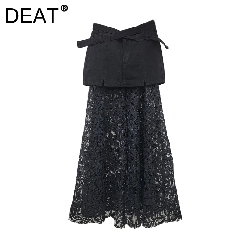 DEAT Women's Denim Skirt Patchwork Lace Hollow Out Cross High Waist Wrap Hips Long Skirts Spring 2025 New Fashion 29L9708