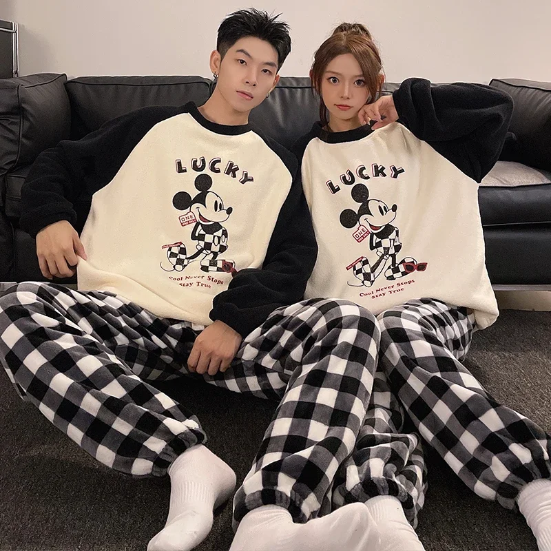 Cartoon Disney couple pajamas winter coral fleece thermal round neck pure cotton two-piece set Mickey Mouse new women\'s pajamas