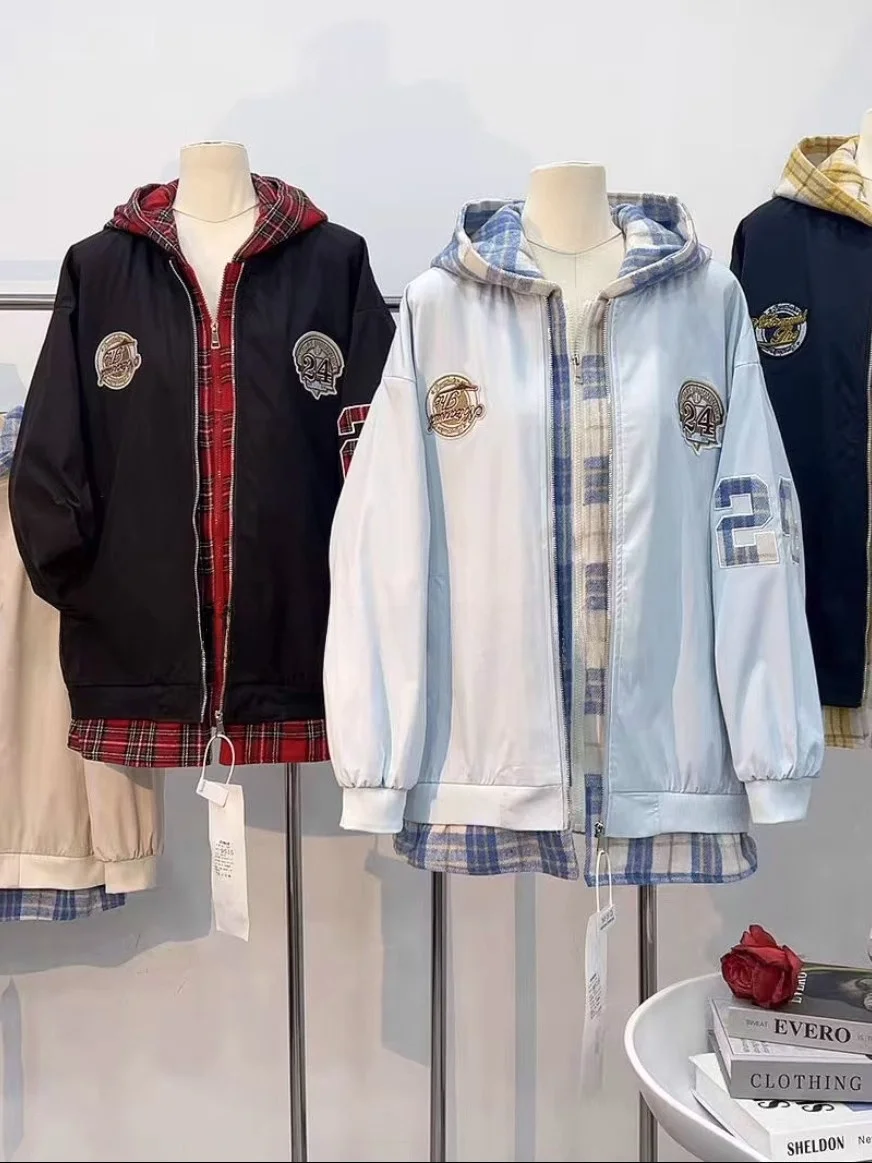 American sle primavera outono novo chapéu solto jaet xadrez ex outerwear falso de duas peças juventude longo sve zíper