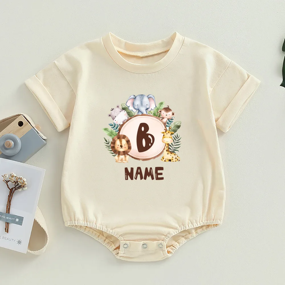 Personalised Safari Animal Letter with Name Bubble Romper Jungle Party Outfit Baby Oversized Bodysuit Infant Summer Jumpsuit