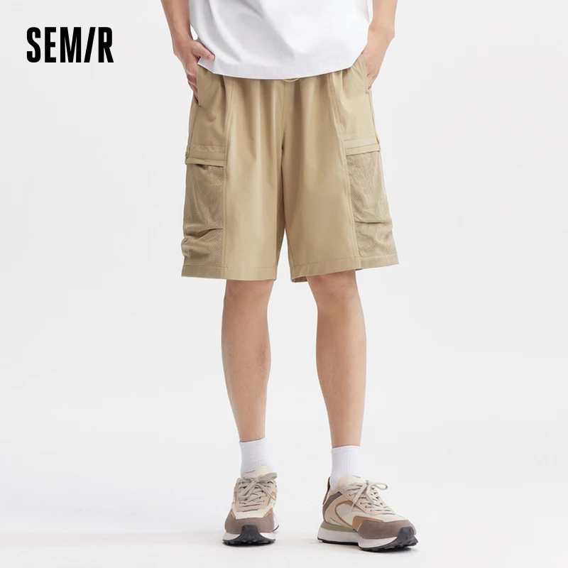 Calça média casual masculina semir, nova cintura elástica, calça reta solta, cor sólida, calça diária simples cinco quartos, verão, 2022