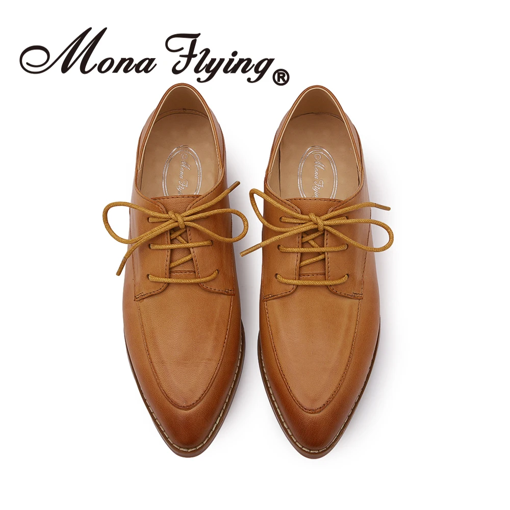 Mona Flying Women's Genuine Leather Oxfords Soft Pointy Toe Casual Lace up Leather Flats Shoes for Office Ladies Work BJL089-10