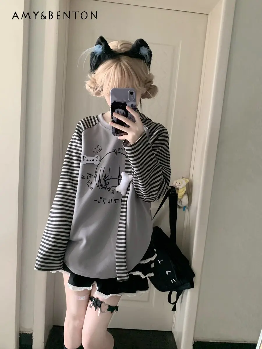 

Spring Japanese Soft Girl Cute Cartoon Print Round Neck Long-sleeved Sweatshirt Pink Green Gray Loose Striped Velvet Sweatshirt