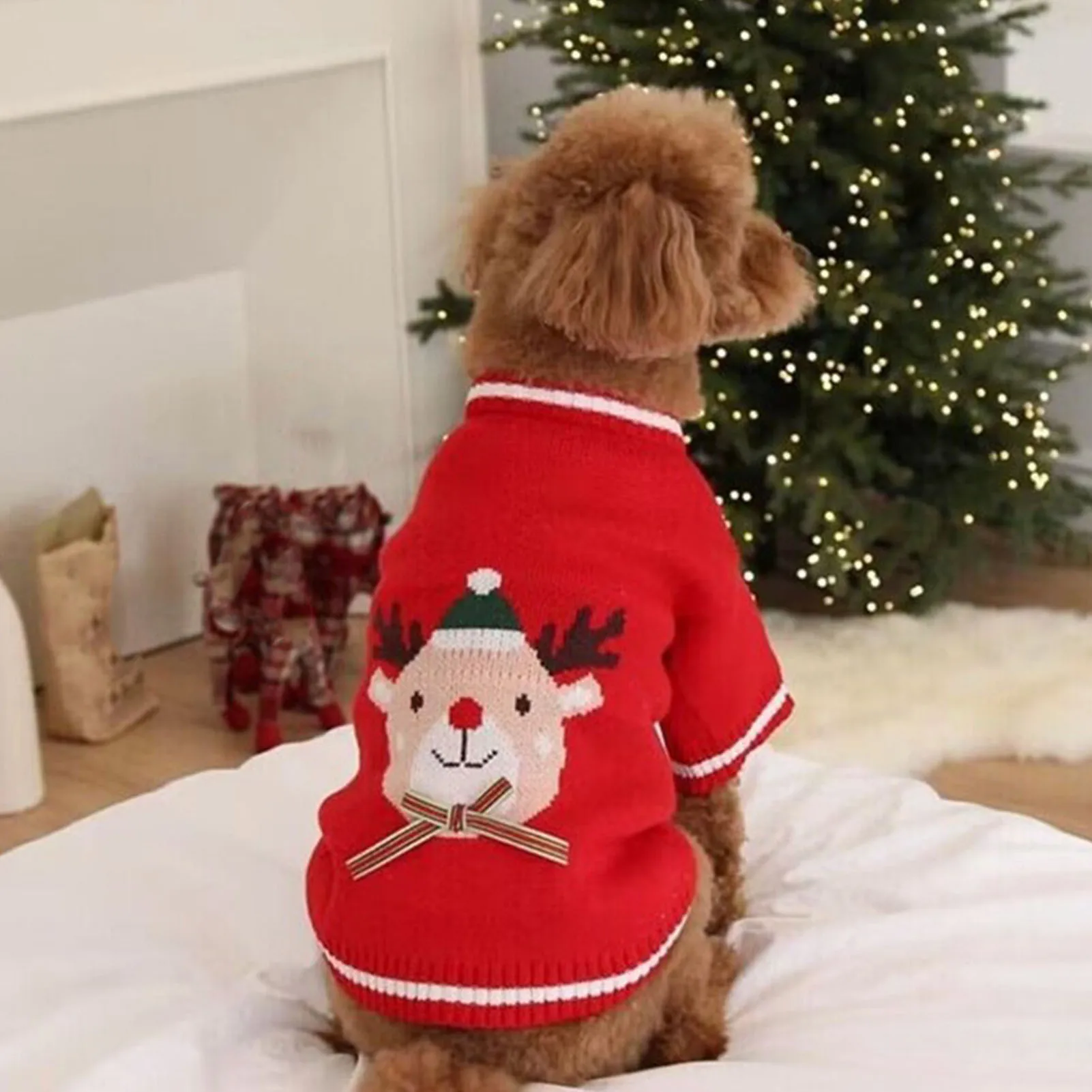 

Dog Christmas Sweater Warm Soft Stylish Puppy Pullover Clothes For Bichon Pomeranian For Autumn Winter Red Elk