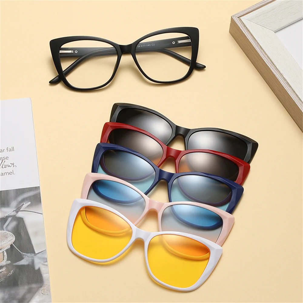 

5PCS/Set Retro Cat Sunglasses Replaceable Magnetic Glasses Frame Glasses Male Driving Night Vision Goggles UV400 Sun Glasses