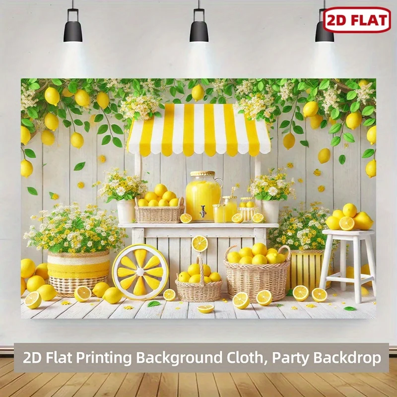 Diseño de pancarta plana 2D, 1 pieza de tela para fondo de fiesta con temática de limones, con patrones de árboles de limón y puesto de limonada