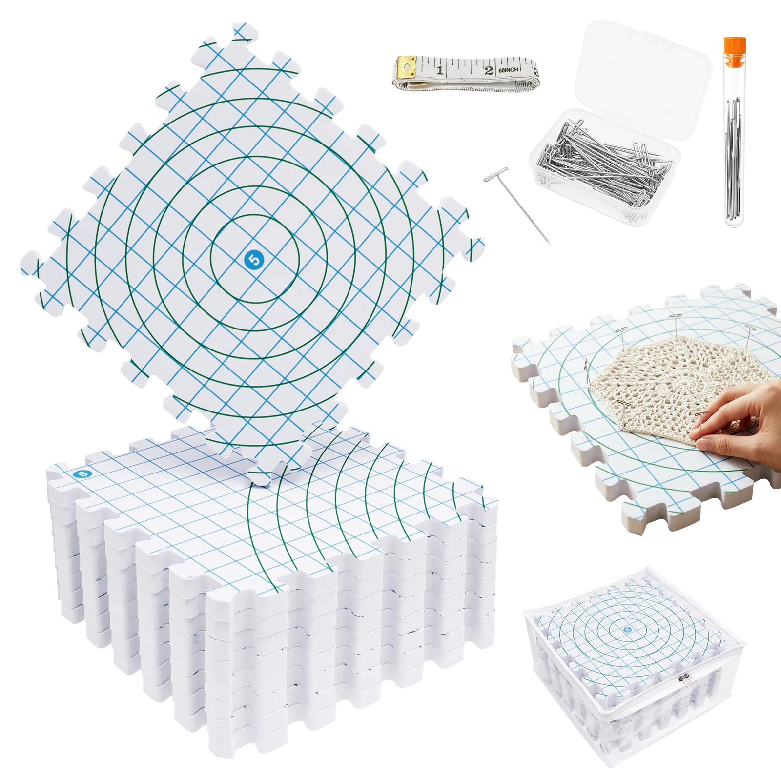 4/9 Pcs Foam Blocking Board Knitting Block Mat Grid Knitting Board Reusable Foam Crafts Blocking Mats with T Pins for Knitting