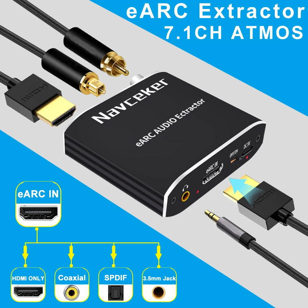 

Navceker 192 кГц HDMI-совместимый аудио экстрактор eARC 7.1CH атмосферы eARC проектор для телевизора HDMI только Toslink коаксиальный конвертер адаптер