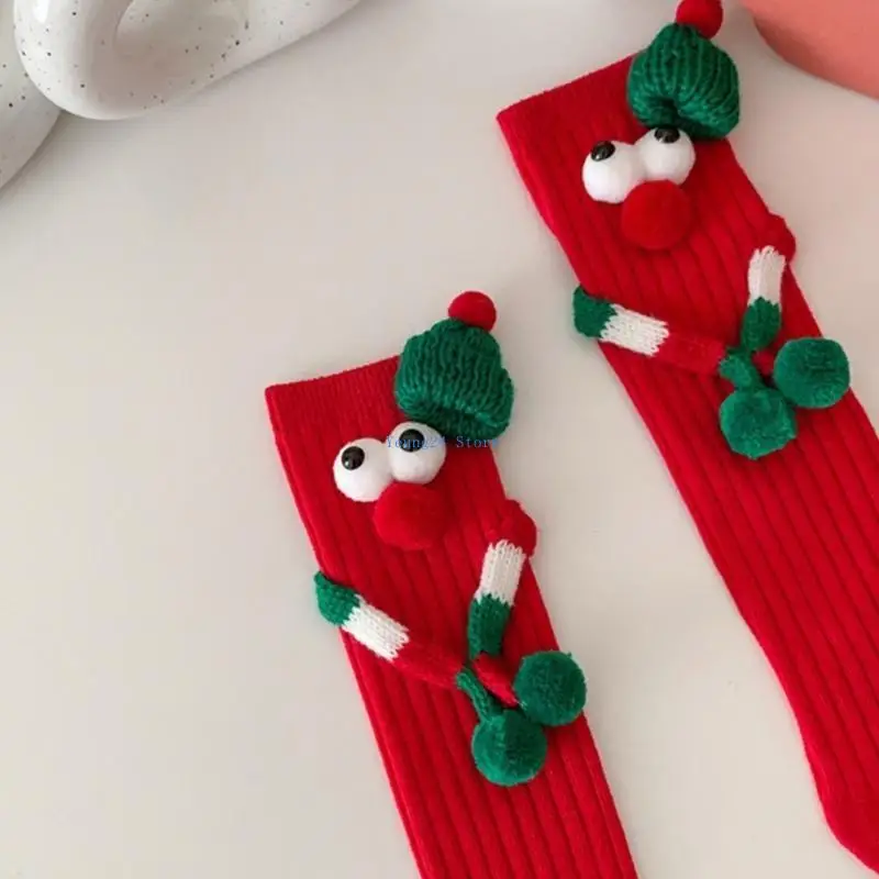 P8DB świąteczne magnetyczne skarpetki ręczne kreatywne kreskówki z dużymi oczami środkowe skarpetki rurkowe wyroby pończosznicze