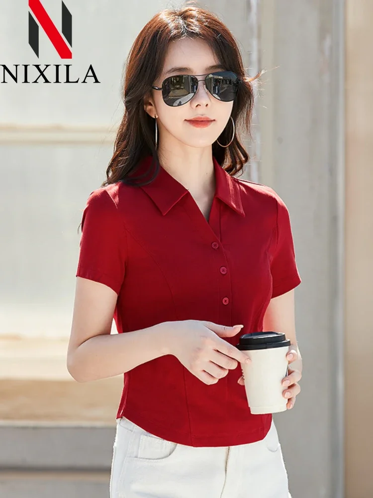 Summer Short Style Polo Shirts Women Korean Version Slim Fit Short Sleeved Top Fashion Elegant T-shirts Retro Female Clothing