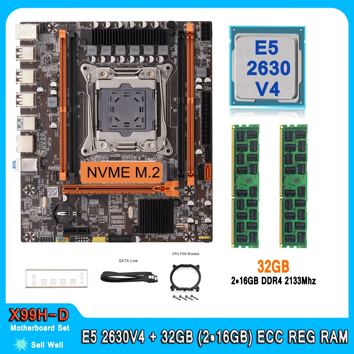 X99 Motherboard Set Kit With LGA 2011-3 Xeon E5 2630 V4 CPU DDR4 32GB (2*16GB) 2133MHZ RAM Memory E5 2630V4 Motherboard