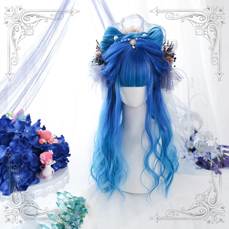 Female Long Wavy Bangs Blue Wig Hair Tail Gradual Change Of Light Color Women Natural Slight Curly Wigs Cosplay Party