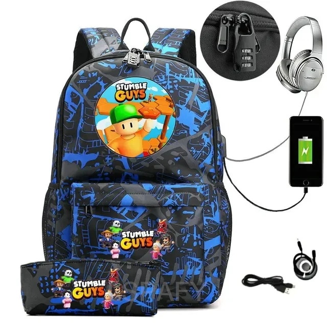 STUMBLE GUYS Anime College School Bags Boys Girls USB Charging School Bag STUMBLE GUYS Schoolbag 2 pcs sets