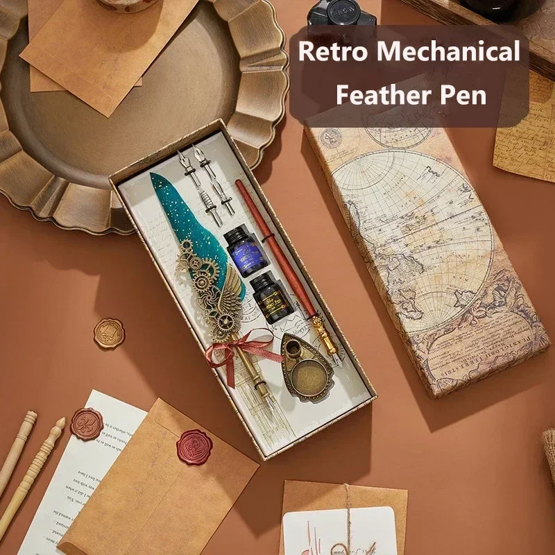 

Retro Mechanical Punk Gear Feather Pen Dip Ink Pen+5 Nibs Set Business Gift Signature Pen To Send Friends Holiday Gifts