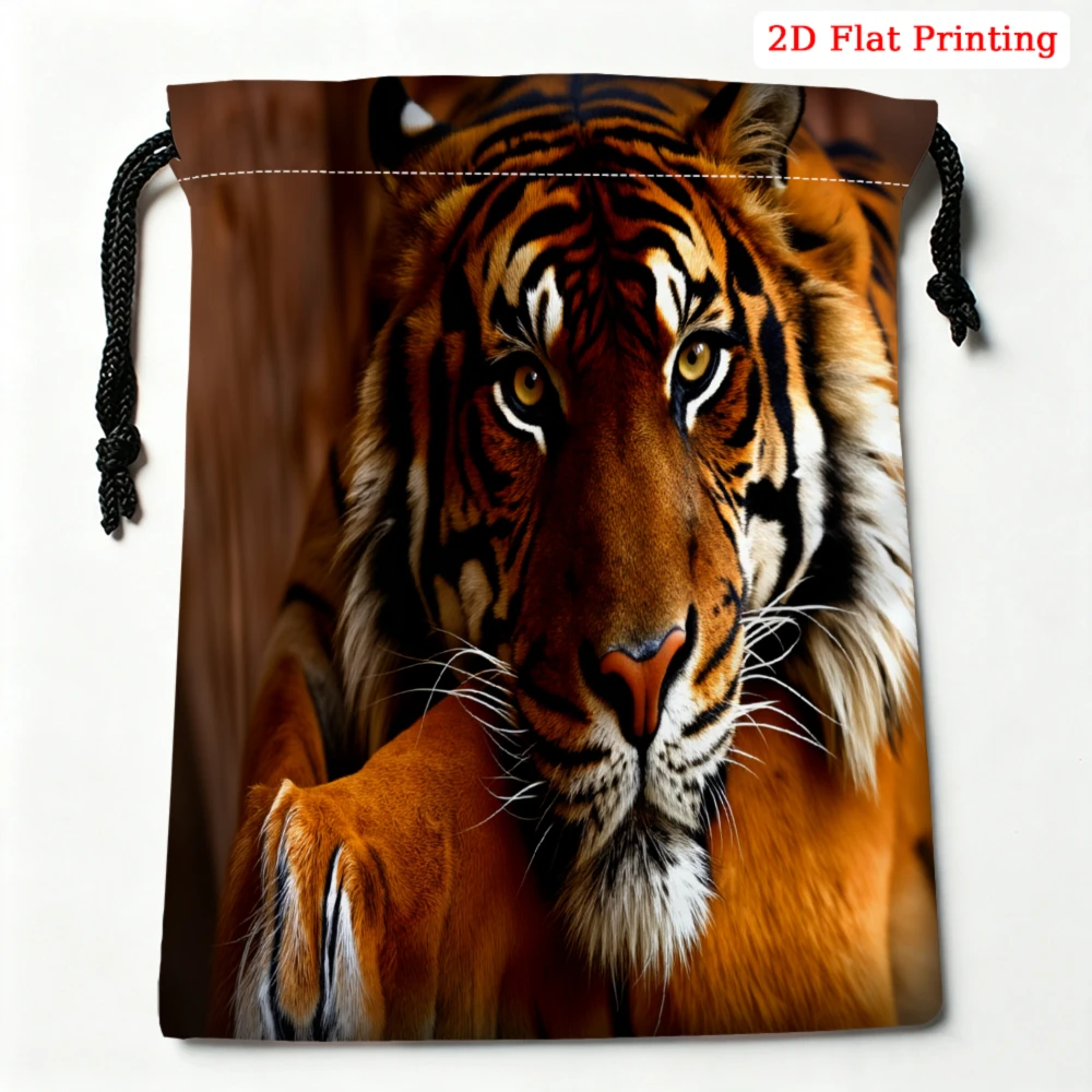 1Pc Tiger Print Drawstring Bag Brown Animal Pattern Storage Small Pouch Travel Organizer For Adults Lightweight Portable