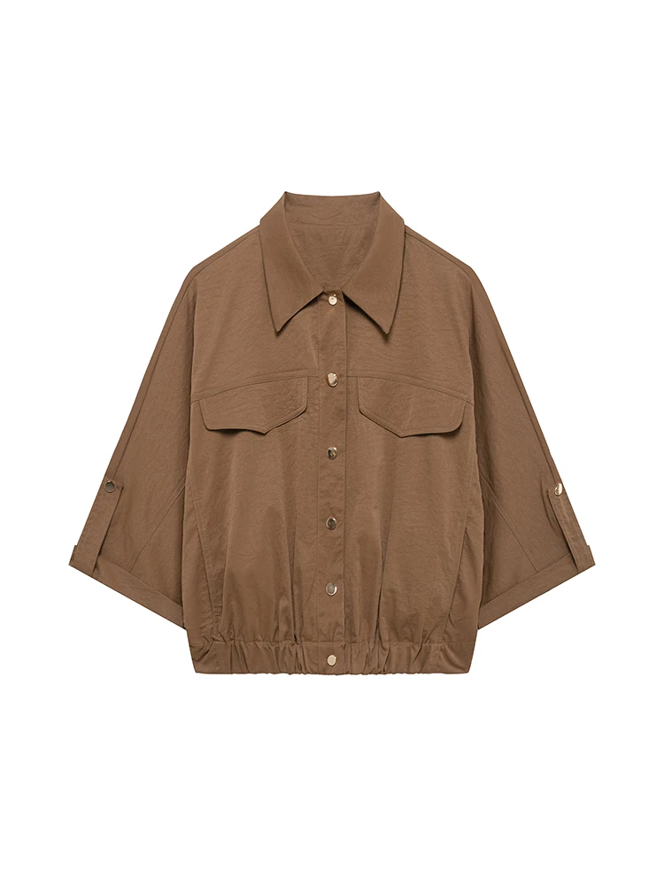 

KUCLUT Women Fashion With Pockets Brown Single Breasted Blouse Vintage Lapel Neck Long Sleeves Female Chic Lady Shirts
