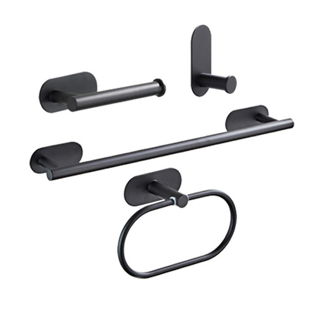 

Bathroom Four-Piece Set Robe Hook Towel Rail Bar Rack Bar Shelf Tissue Paper Holder Toothbrush Holder Black