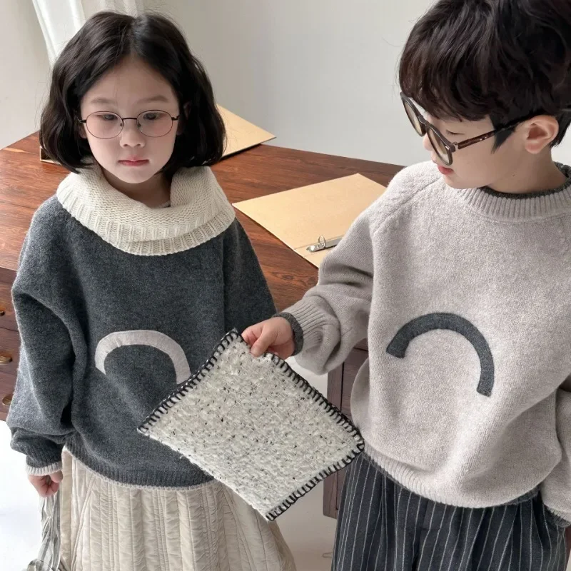 Kids sweater 2024 Winter Boys and girls thicken warm O-Neck knit pullover Unisex Chidlren soft loose knitwear Tops