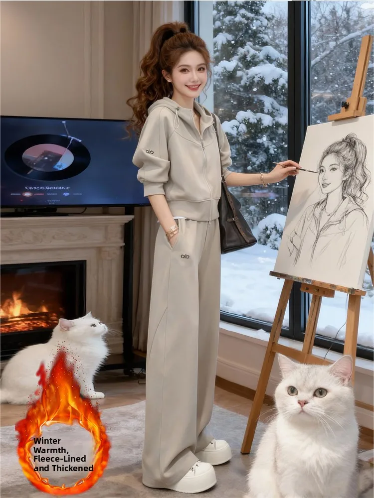 

Thiened Fce Casual Sportswear Set Women's Autumn Winter New Sle Hoodie Jaet And Leisure Pants Two-Piece Set